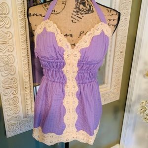 Betsey Johnson light purple halter top with lace.